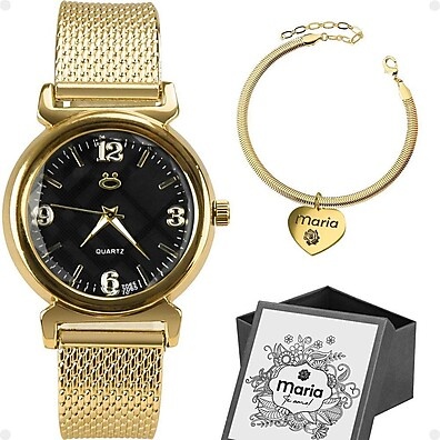 Relógio Feminino Personalizado com Pulseira Dourada - Orizom Maria