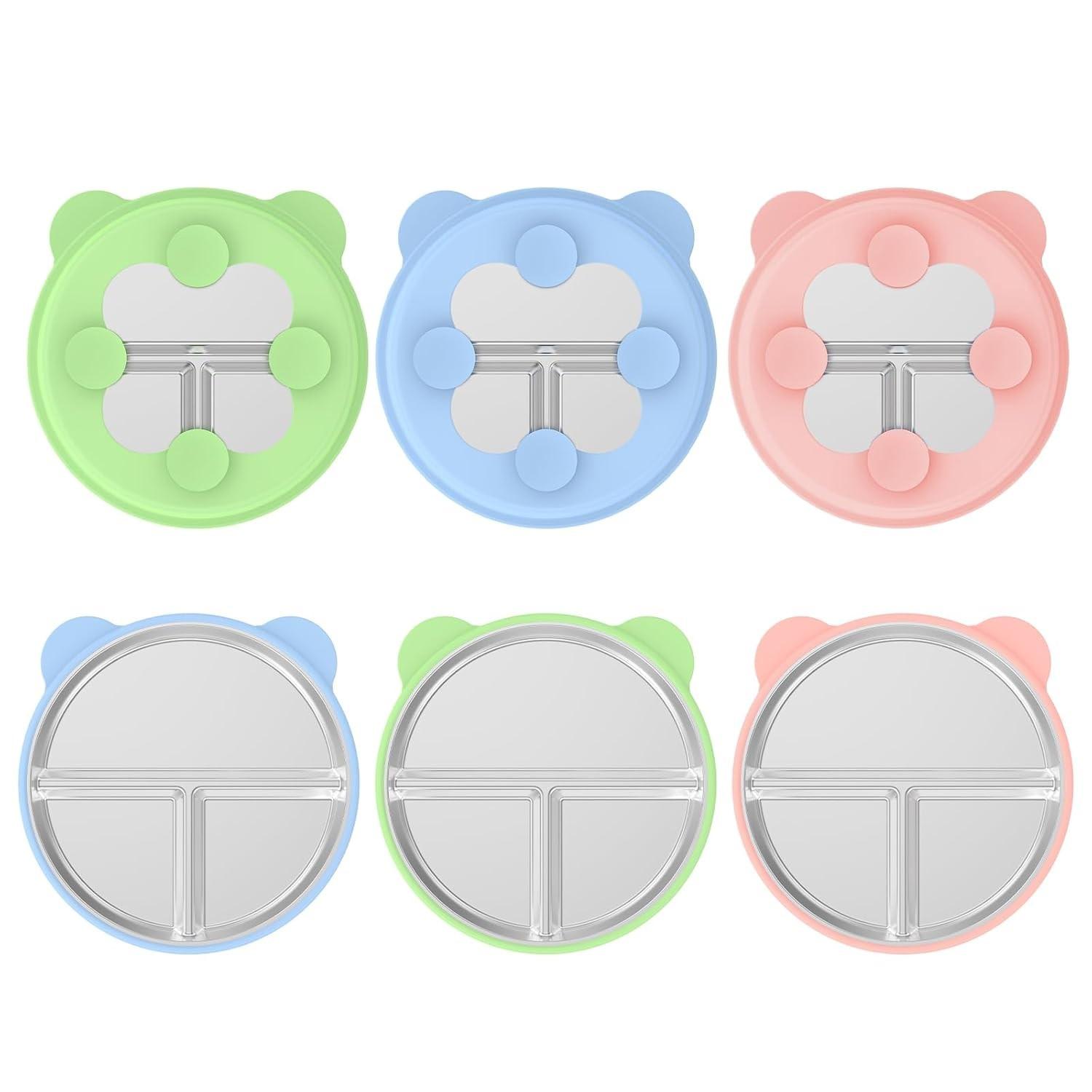 Pratos Infantil Aço Inox com Sucção - 3 Unidades Coloridas com Mangas Silicone Removíveis