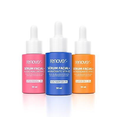 Renova Be: Kit 3 Séruns Faciais - Ácido Hialurônico + Vitamina C + B3