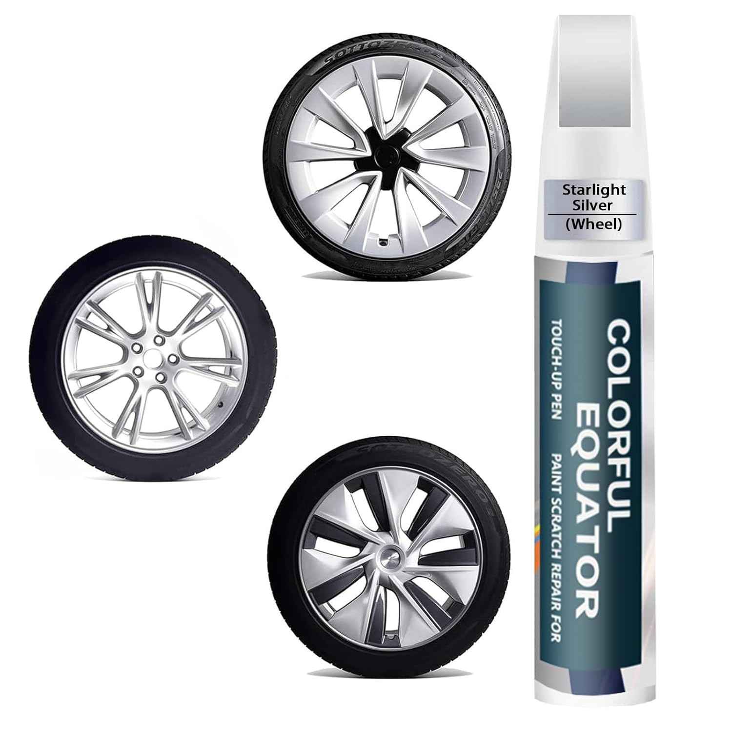 Tinta de Retoque Starlight Silver para Rodas Tesla - Reparo de Arranhões e Curb Rash com Pincel e Caneta