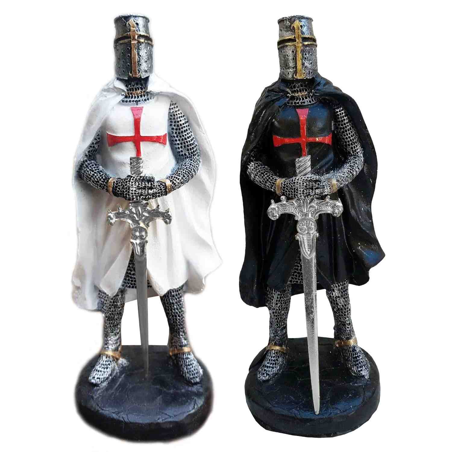 Kit 2 Cavaleiros Templários Medievais em Resina Branco e Preto - Decoração Temática de Alta Qualidade