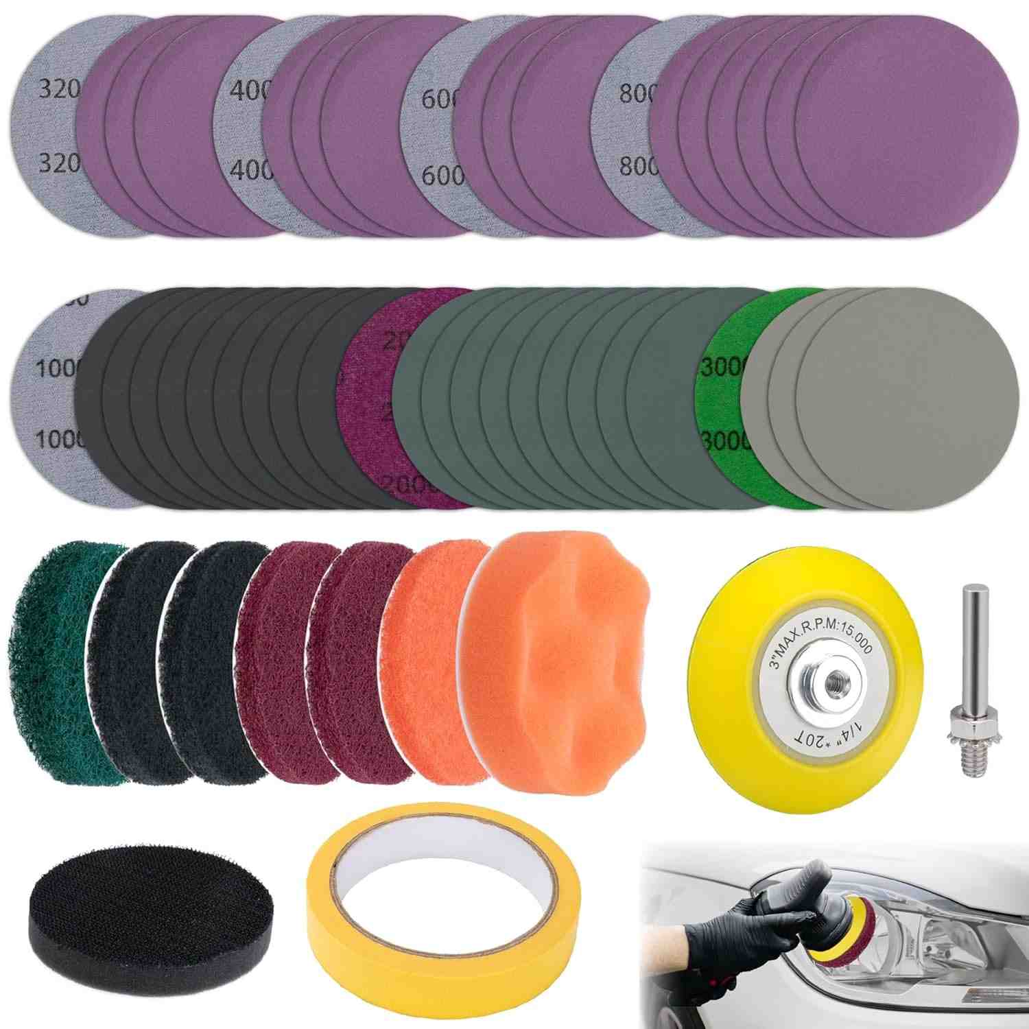 Kit de Restauração de Farol 53 Peças - Disco de Lixamento 7,6cm com Suporte 1/4" - Almofadas e Papel de Lixa para Polimento Automotivo