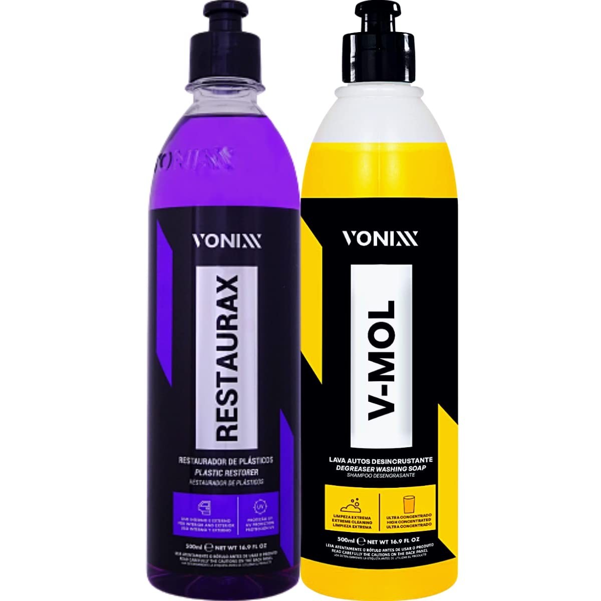 Kit Essencial Vonixx: Limpador Desengraxante V-Mol 500ml e Restaurador de Plásticos Restaurax