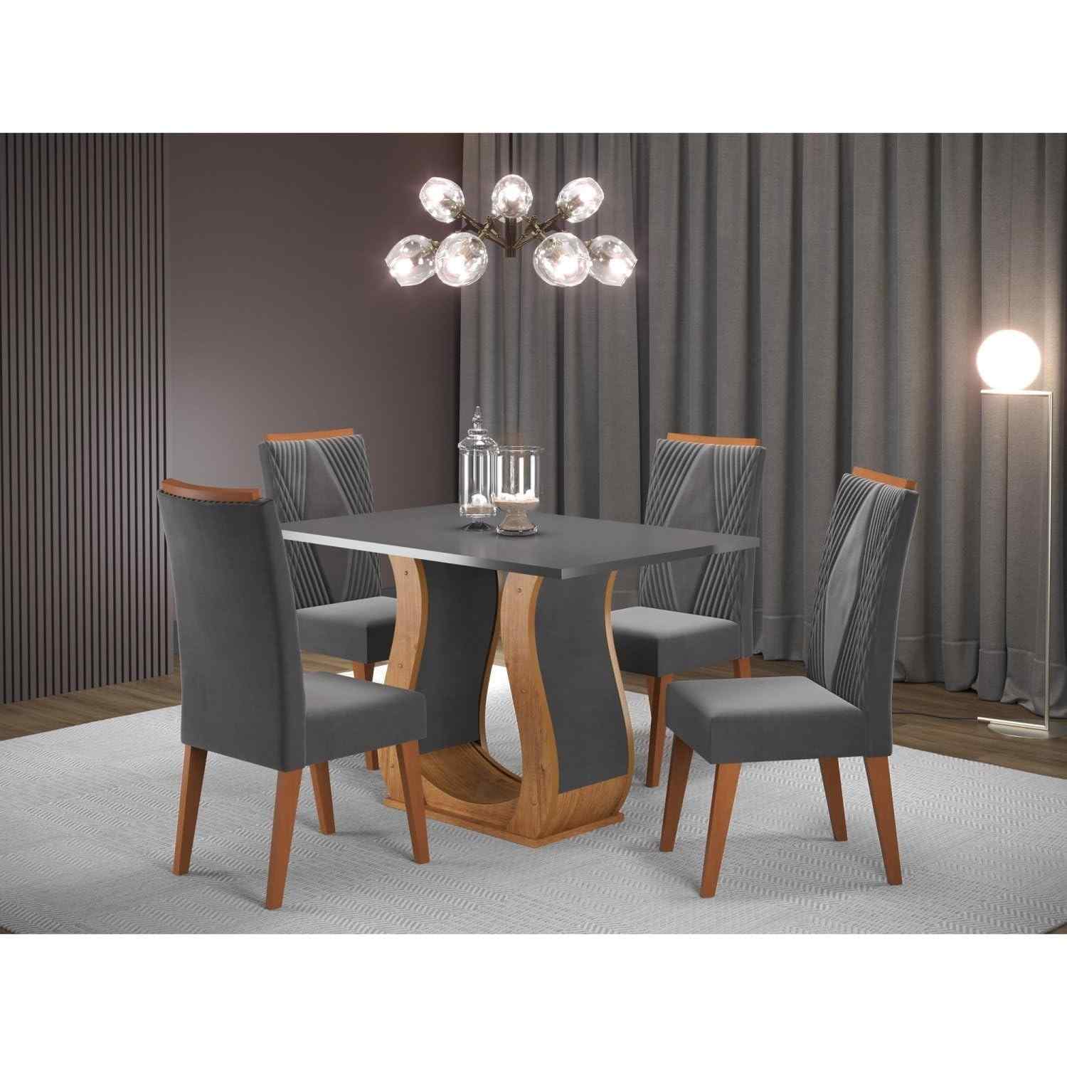Conjunto Mesa de Jantar Retangular Nubia com 4 Cadeiras Vegas em Madeira Maciça - Mel, Cinza e Grafite