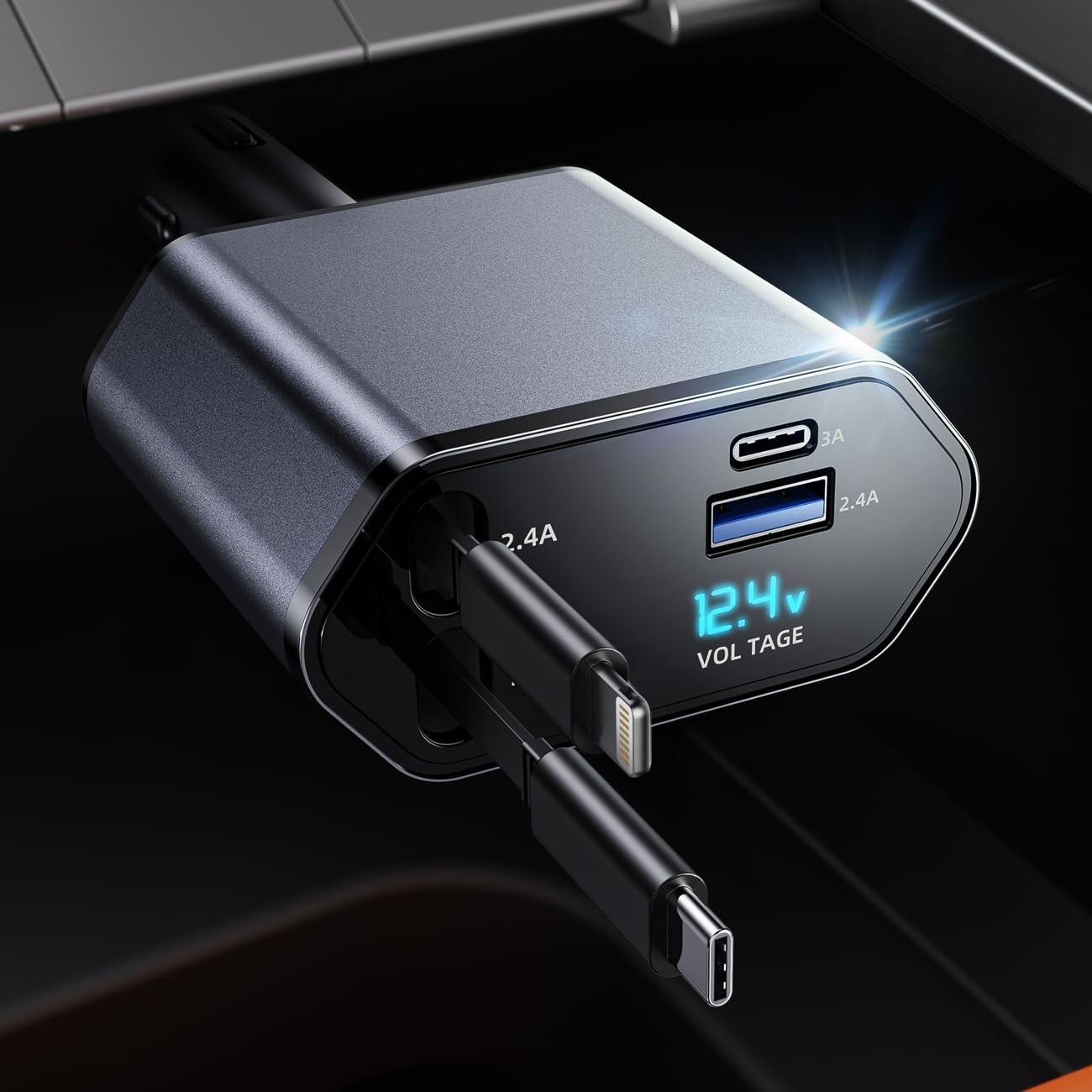 Carregador Retrátil 4 em 1 para Carro: Carga Rápida PD 3.0 e 2 Portas USB