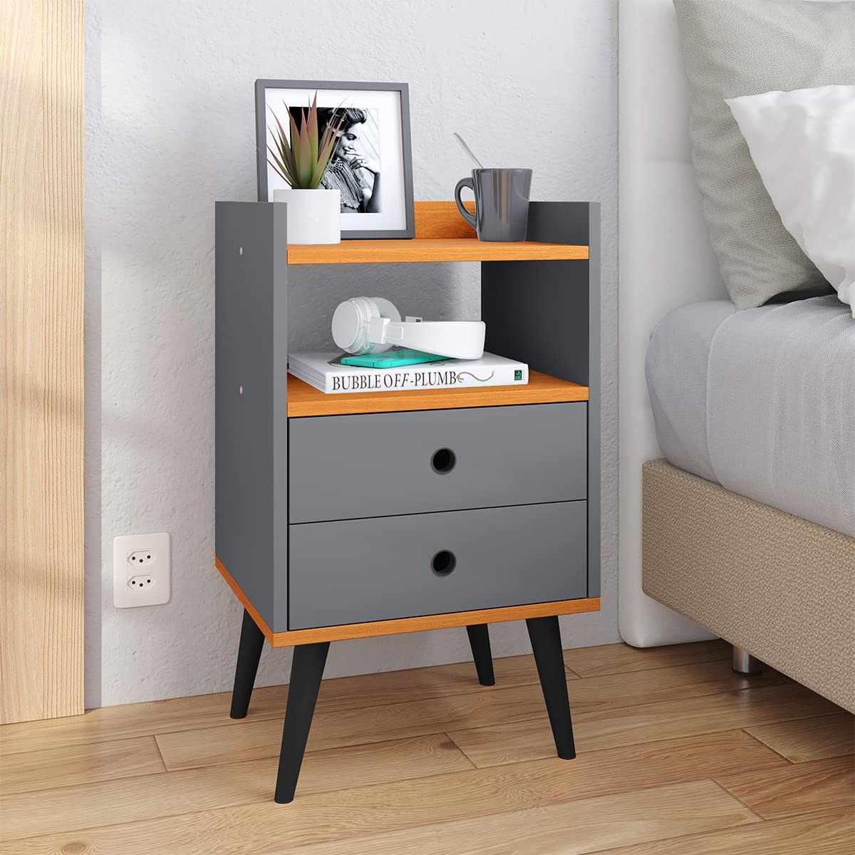 Mesa de Cabeceira Dream com 2 Gavetas e Design Retrô - Cinza/Cinamomo