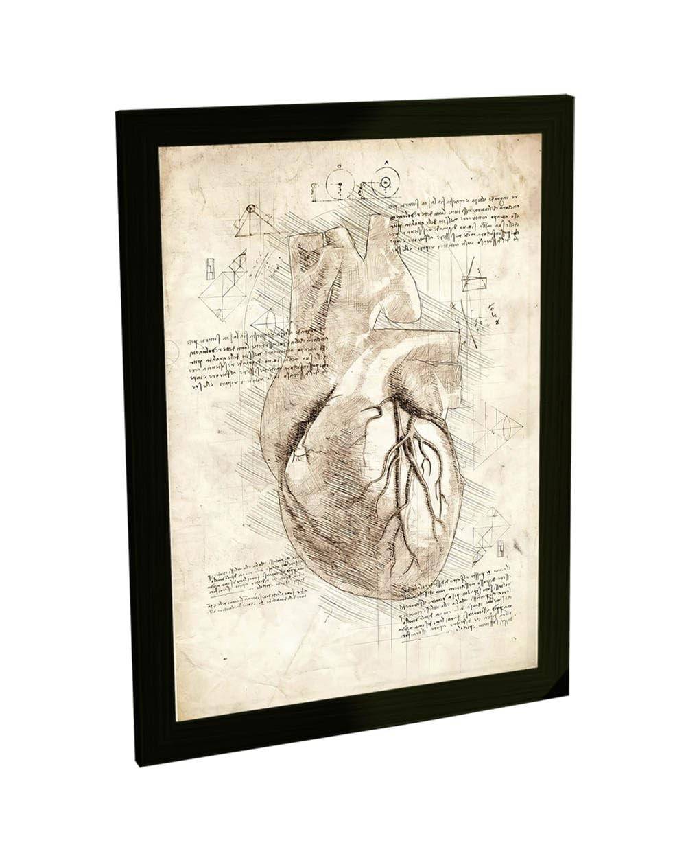 Quadro Decorativo A2 Coração Anatomia Projeto Retro Da Vinci - Moldura Pronta para Pendurar