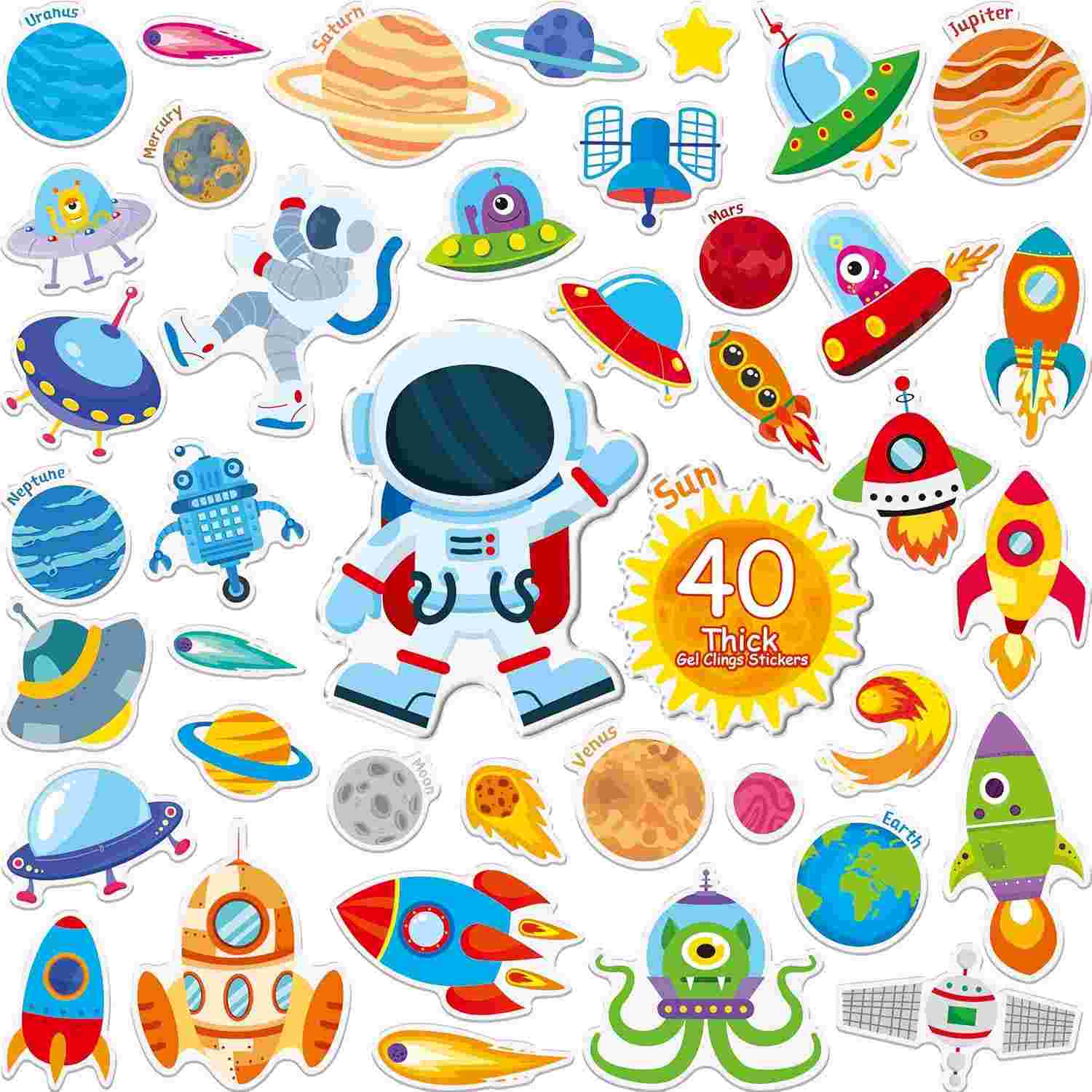 40 Adesivos de Gel Espacial Reutilizáveis - Planetas, Foguetes e Astronautas para Decoração Infantil
