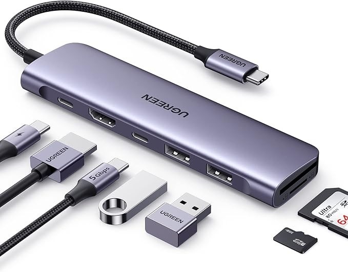 UGREEN Revodok 1071 USB C Hub para laptop 7 em 1 USB C Dongle 4K HDMI, carregamento PD de 100 W, USB-C e 2 portas de dados USB-A de 5 Gbps, leitor de cartão SD/TF para MacBook Pro/Air, iPad P