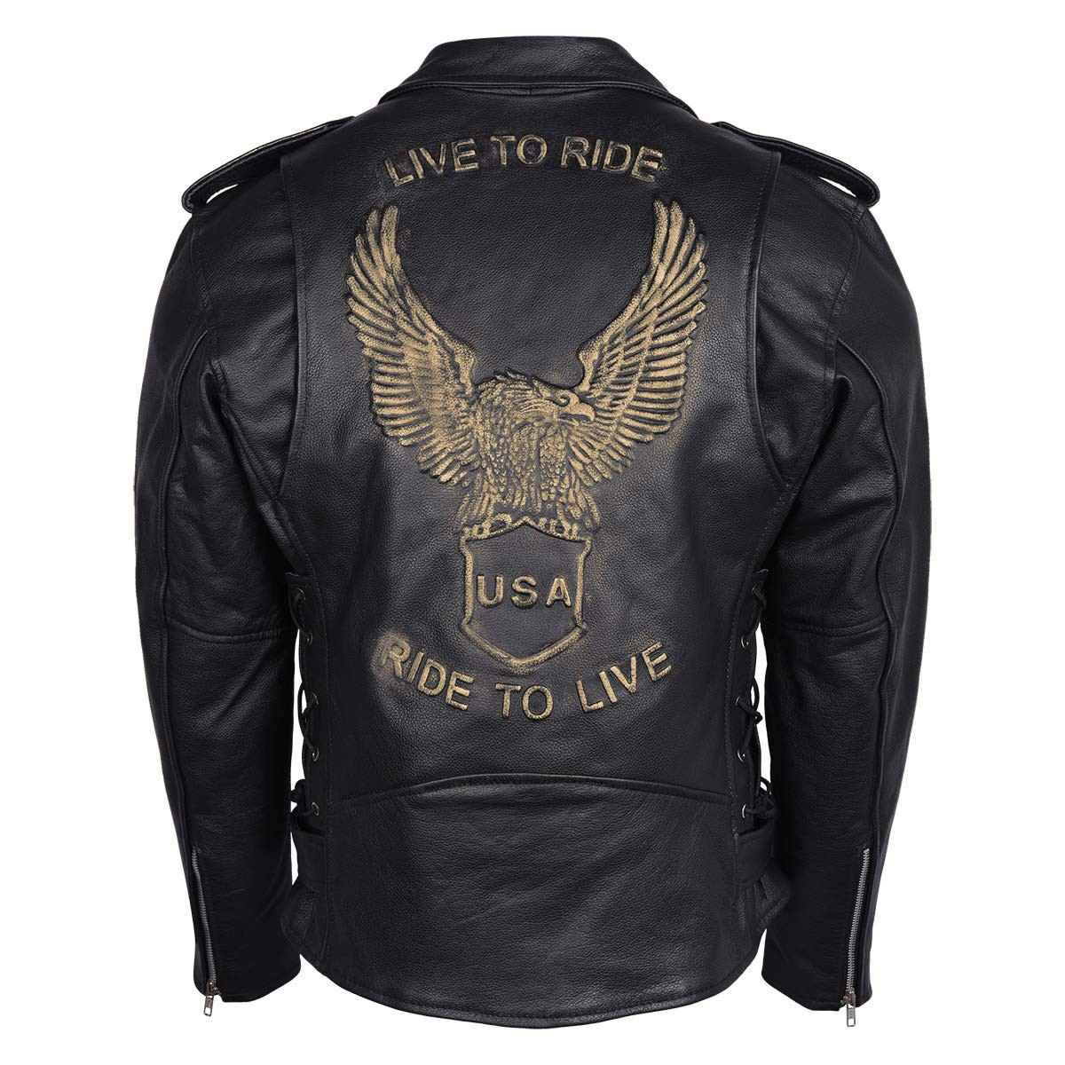 Jaqueta masculina Eagle em relevo Live To Ride - Ride To Live Classic Black Leather Motorcycle Biker