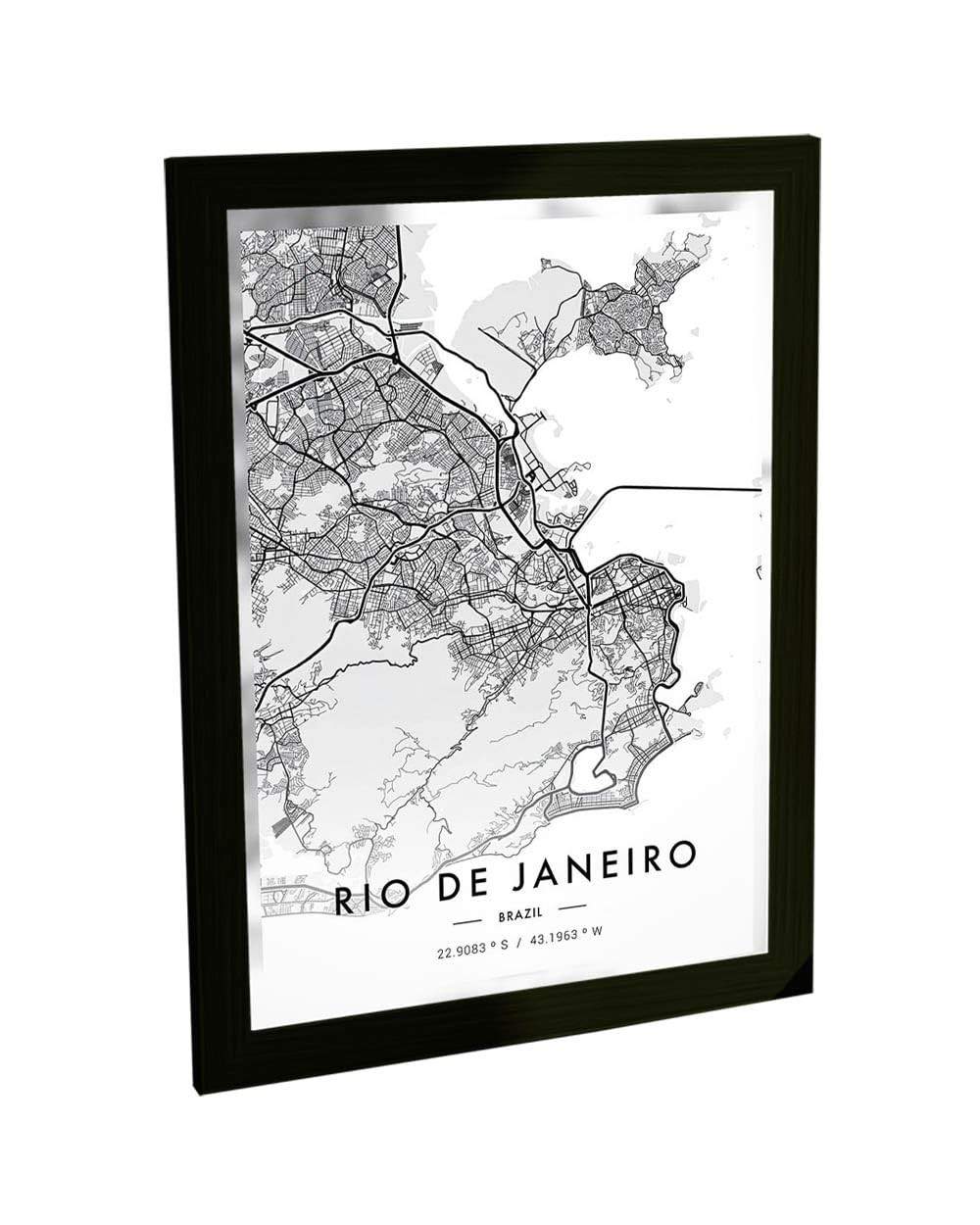 Quadro Decorativo A4 Rio de Janeiro - Mapa em Preto e Branco para Viagem e Decoração