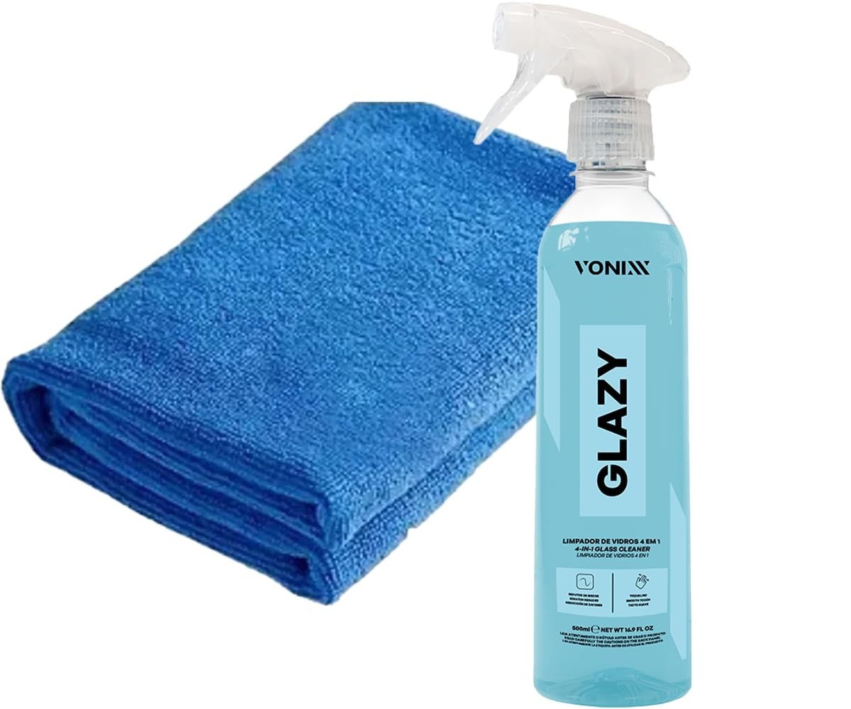Kit Glazy 500ml + Pano Microfibra - Limpa Vidros 4 em 1 com Redutor de Riscos