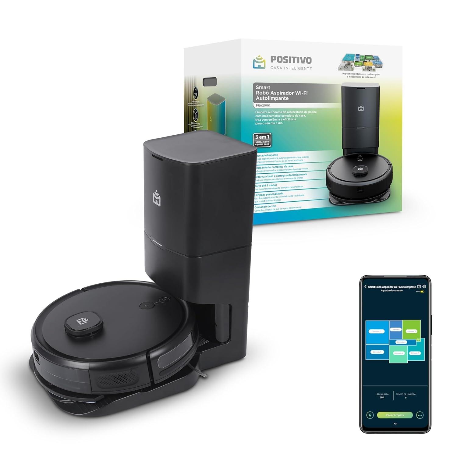 Smart Robô Aspirador Wi-Fi PRA2000 Positivo - 3 em 1 (Varre, Aspira, Passa Pano), Autolimpante, Mapeamento Inteligente