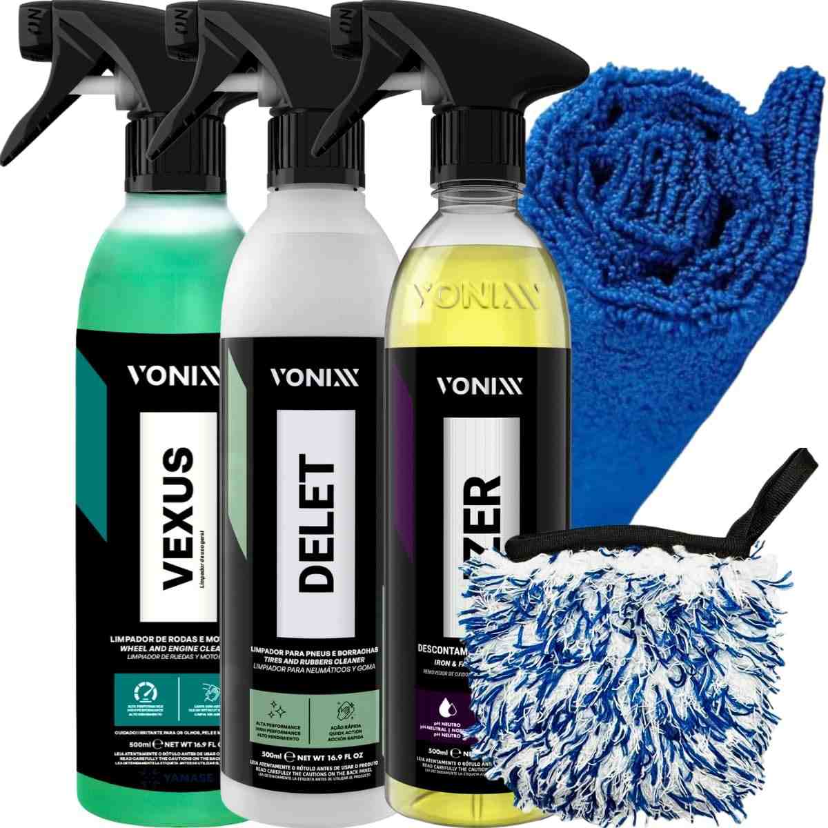 Kit Completo Limpeza Rodas e Motores Vonixx: Izer Descontaminante Ferroso + Delet + Vexus + Luva Microfibra