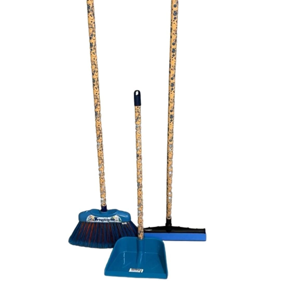 Kit Vassoura Tropicana com Rodo 30cm e Pá Plástica - Cabo Longo para Limpeza Eficiente