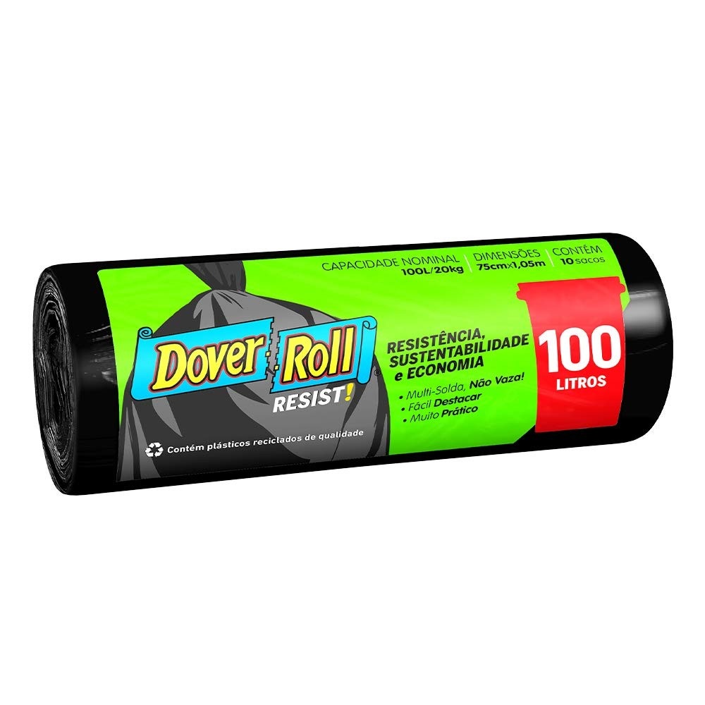 Dover-Roll Saco para Lixo 100L Resistente - Rolo com 10 Unidades Pretas