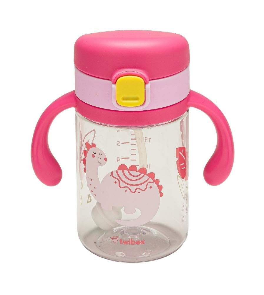 Copo de Treinamento com Canudo e Alça Dino 240ml - Rosa | Transição Saudável para Bebês