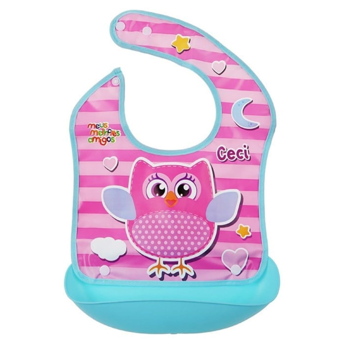 Babador Infantil Impermeável Ajustável Bolso Coletor de Coruja Rosa Azul