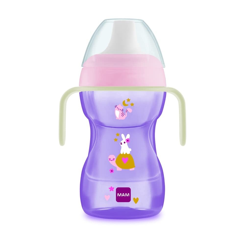 Copo MAM Fun To Drink NIGHT 270ml Rosa - Com Alças Brilhantes e Válvula Antivazamento