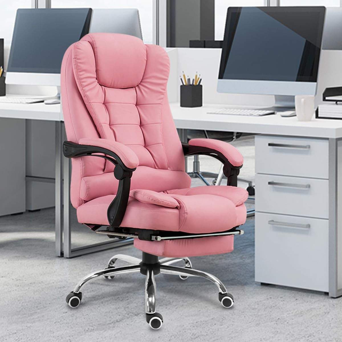 Cadeira de Escritório Ergonômica Rosa com Apoio para Pés e Encosto Ajustável