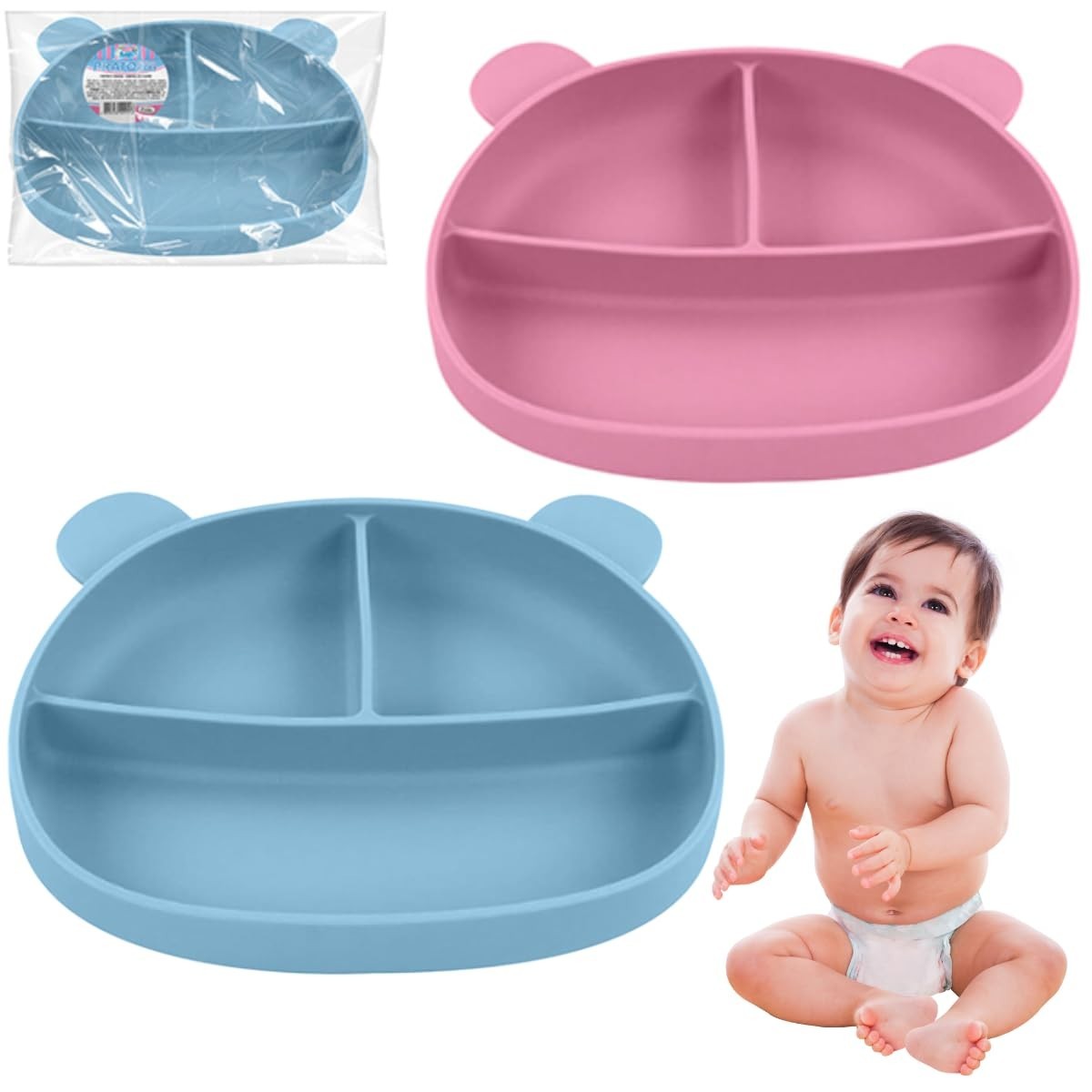 Prato de Silicone para Bebês com Ventosa e 3 Divisórias - Rosa | Seguro, Higiênico e Durável