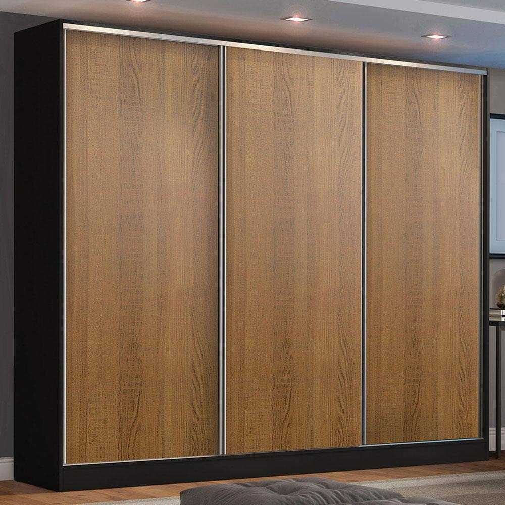 Guarda-Roupa Casal Zurique 3 Portas de Correr em MDF Premium - Design Moderno Preto Rustic