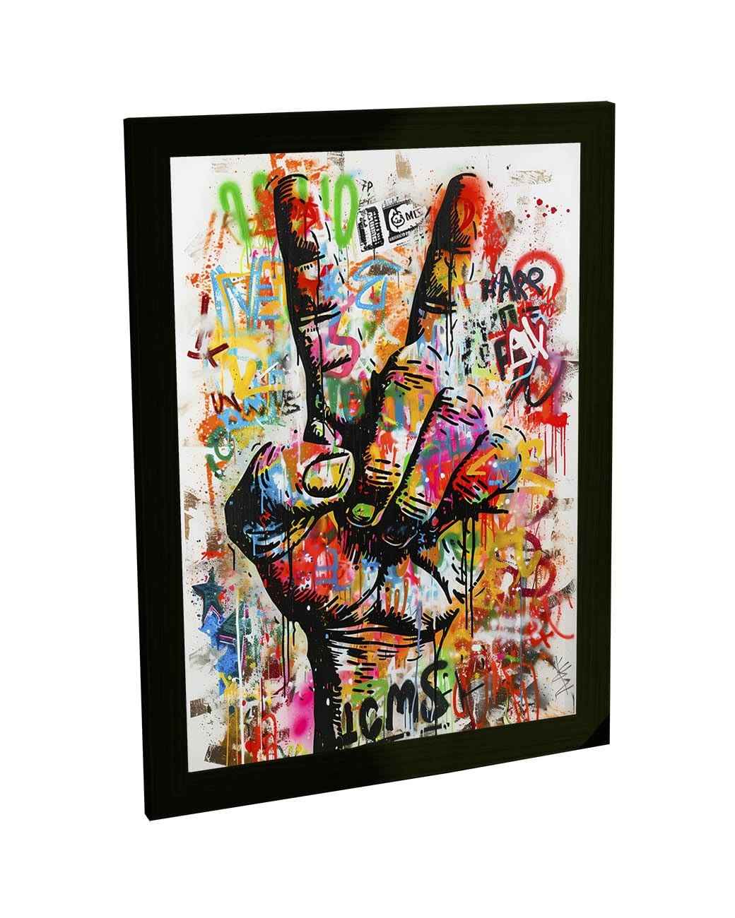 Quadro Decorativo Grafite Sinal de Paz - Arte de Rua Inspirada em Banksy para Sala e Quarto