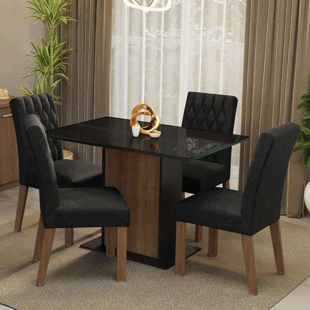 Conjunto de Sala de Jantar com Mesa de Vidro e 4 Cadeiras Rustic - Estilo Moderno e Resistente