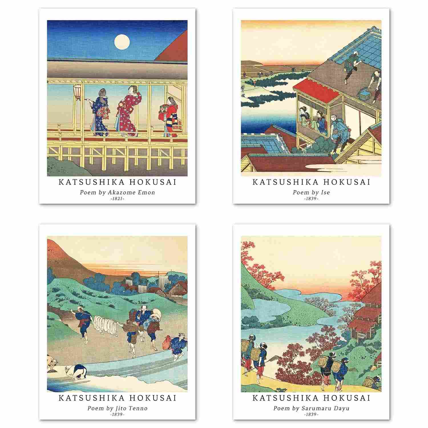 Conjunto de 4 Pôsteres Ukiyo-e Giclée 20x25cm - Arte Japonesa para Decoração Rústica