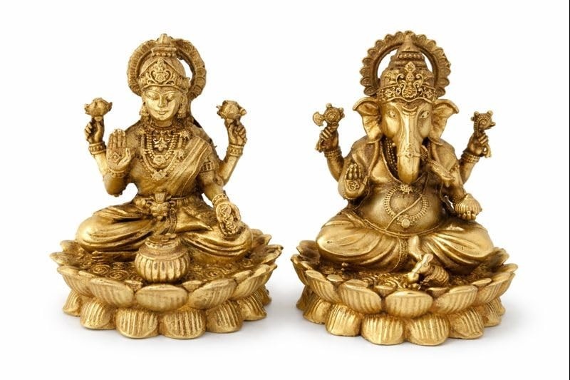 Conjunto de Estátuas de Latão Lakshmi e Ganesha - 5 cm | Par Sagrado para Prosperidade e Sabedoria