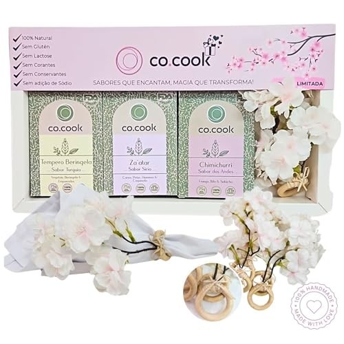 CoCook Kit Presente Especiaria Tempero 100% Natural Chimichurri Sabor Andes, Tempero Beringela Sabor Turquia, Tempero Za'atar Sabor Síria e 4 Porta Guardanapos Flor de Cerejeira