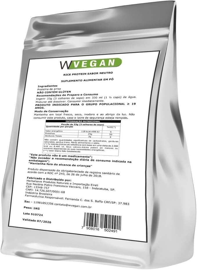 W Vegan Rice Protein 1Kg Sabor Baunilha 1 Kilo Quilo Wvegan Proteina De Arroz Vegano