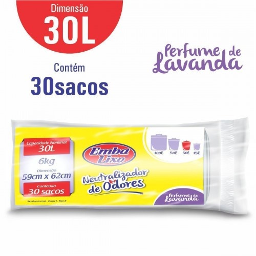Saco de Lixo Perfumado: 30L com Lavanda (30 Unidades)