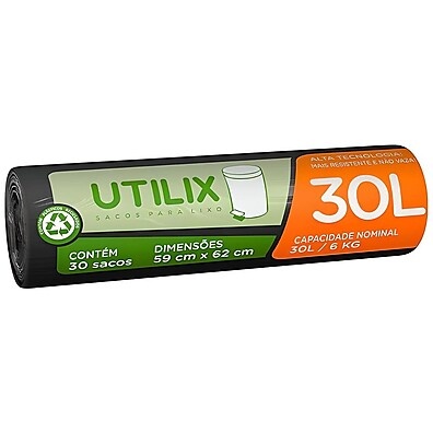 Saco para Lixo Preto 30L com 30 Unidades Utilix – Sustentável e Resistente