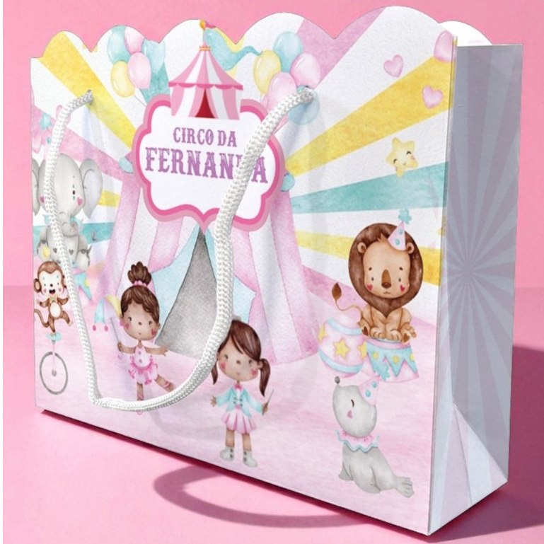 Sacolinhas Onduladas Personalizadas Festa Circo Menina Rosa (20x15x5,5cm)