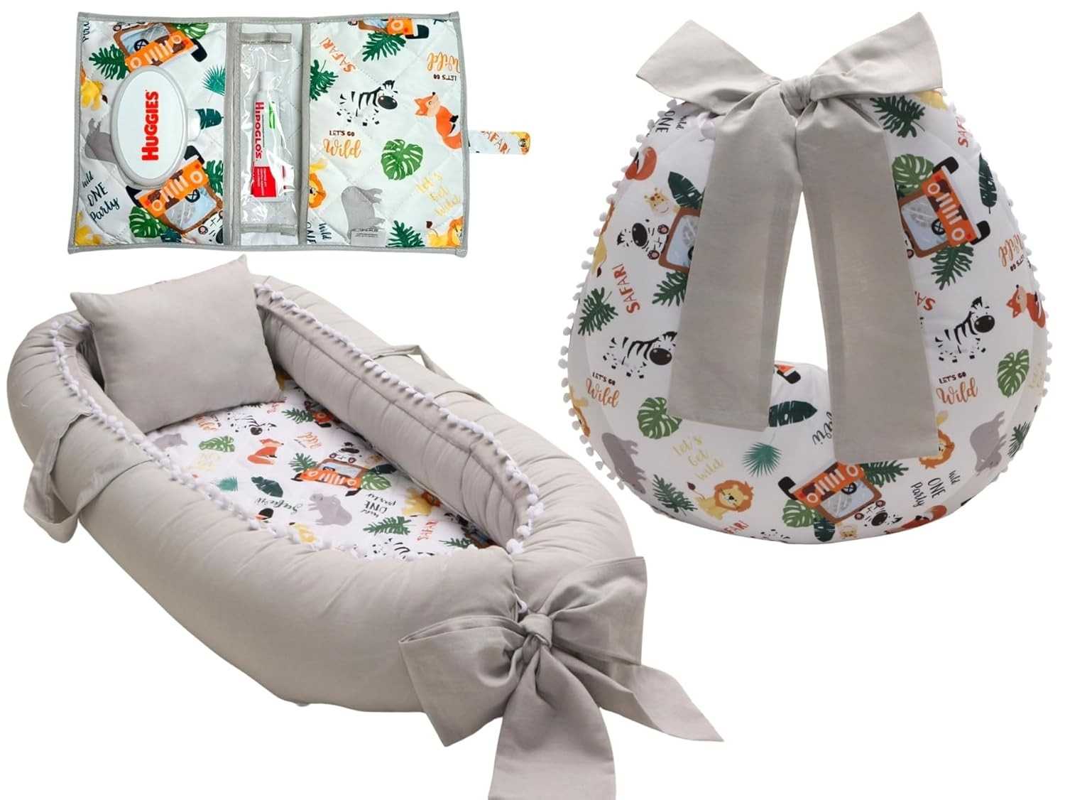 Kit Completo para Bebê Menino Safari - Almofada Amamentação, Ninho Redutor e Porta Fralda