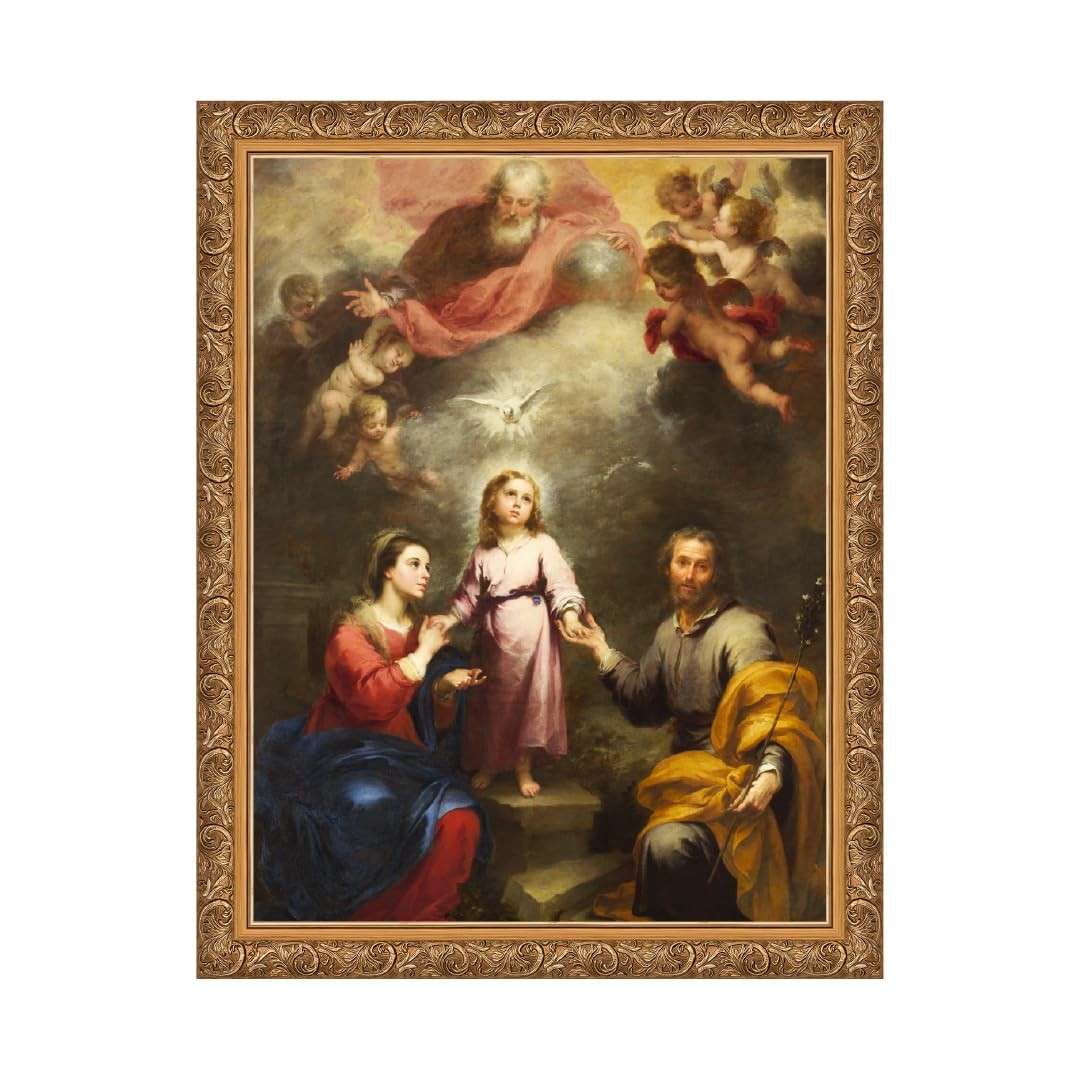 Quadro Sagrada Família e Santíssima Trindade em Canvas Premium com Moldura - Arte Religiosa de Qualidade Museu