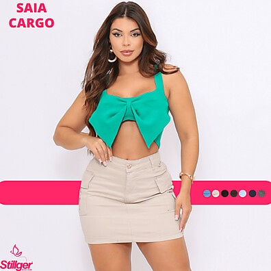Saia Cargo Bege Jeans Feminina Cintura Alta com Lycra