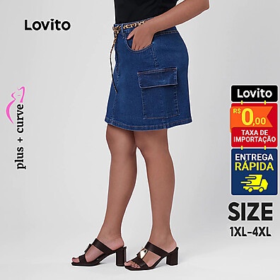 Saia Jeans Curta Plus Size com Bolsos - Lovito LB221BRL250