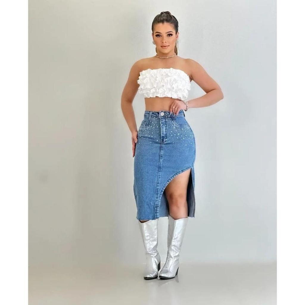 Saia Jeans Midi com Strass: Elegância e Conforto em Um Só Look