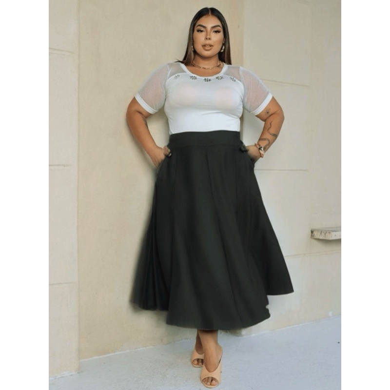 Saia Plus Size Elegante com Bolso e Elástico