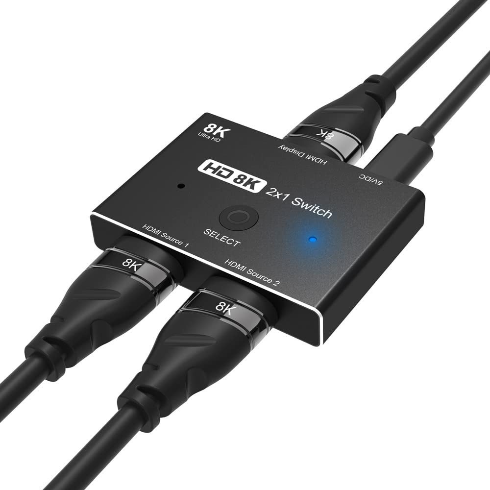 HEZOOMS KVM Switch 8K HDMI 2.1: 2 Entradas 1 Saída para Computador e Laptop | Ultra HD 8K@60Hz, 4K@120Hz, 48Gbps