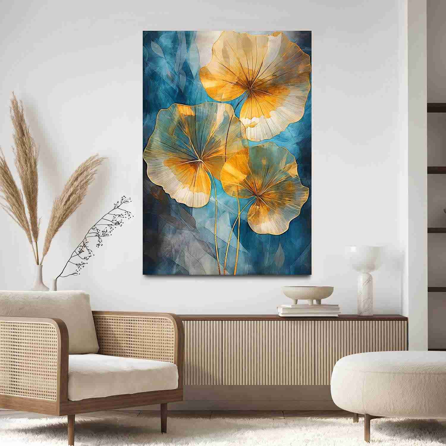 Quadro Decorativo Moderno 90x60cm | Estilo Floral Dourado Azul para Sala e Quarto