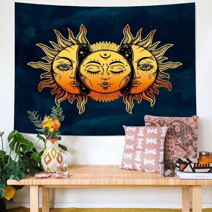 Tapeçaria Abstrata Sol e Lua - Decoração Boêmia para Quarto e Sala de Estar