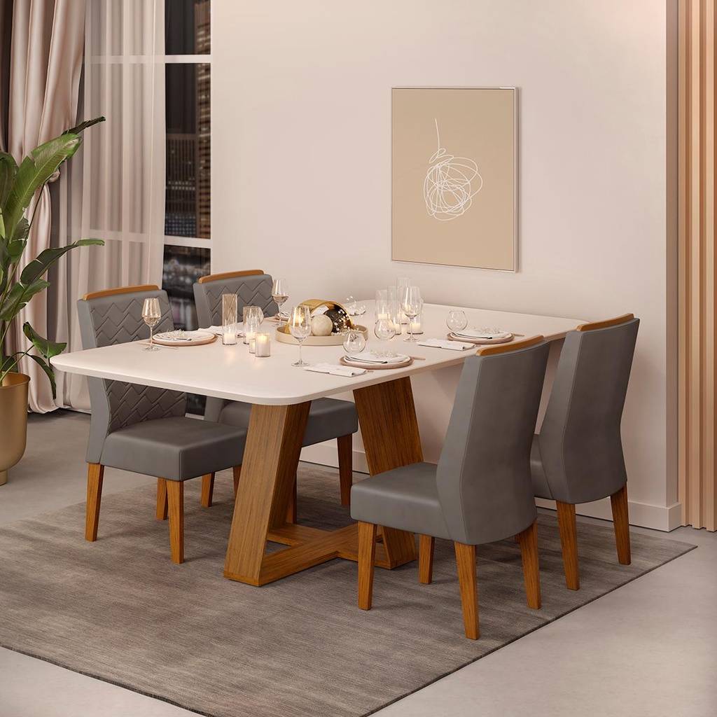 Sala de Jantar Completa: Mesa Kiara + 4 Cadeiras Lidia