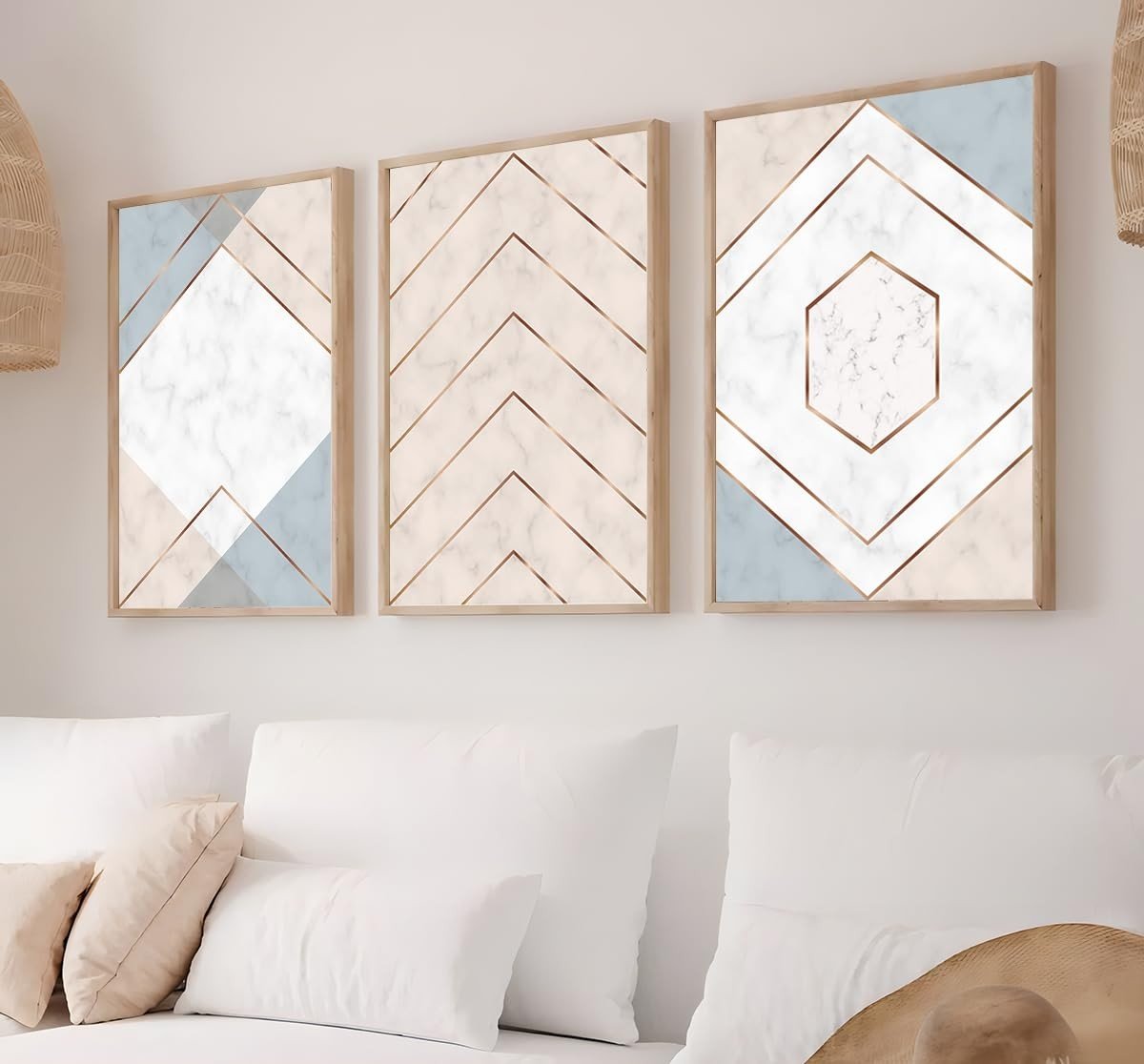 Kit 3 Quadros Estilo Marmorizado Rose Azul Moderno | Decoração Elegante para Sala e Quarto