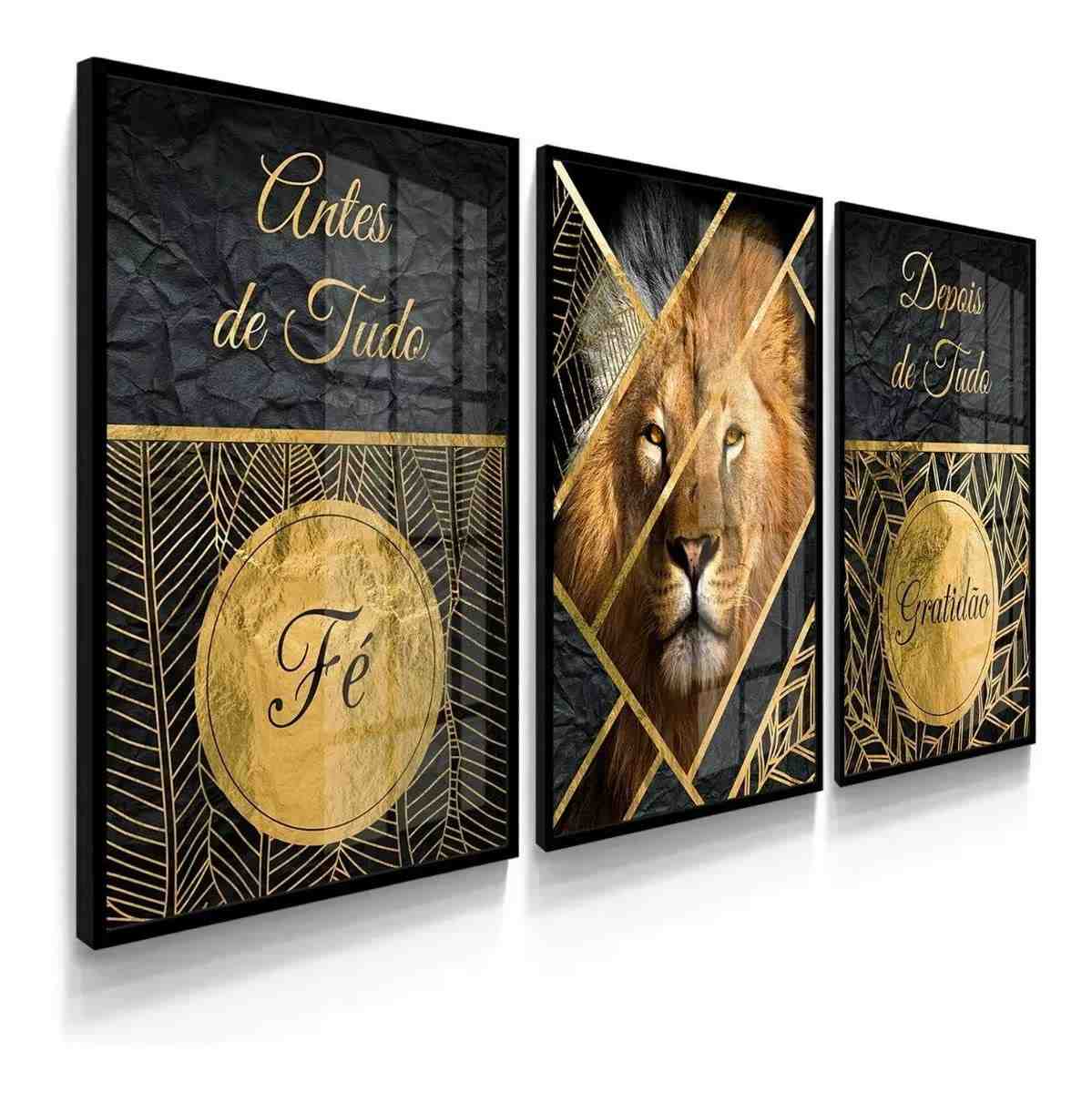 Kit 3 Quadros Sala Leão Luxo Judá Folhas Dourado Fé - Decoração Premium com Qualidade e Estilo