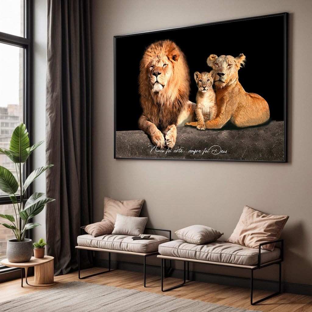 Quadro Decorativo Leão Família Nunca Foi Sorte com Moldura - Impressão 4K para Sala e Quarto