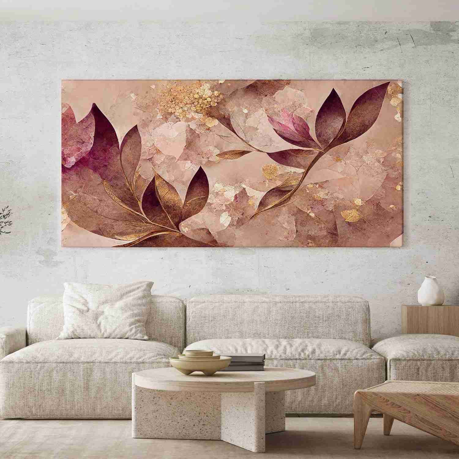 Quadro Decorativo Floral Rosê Dourado Luxo 100x50cm - Tela em Alta Definição para Sala, Quarto ou Hall