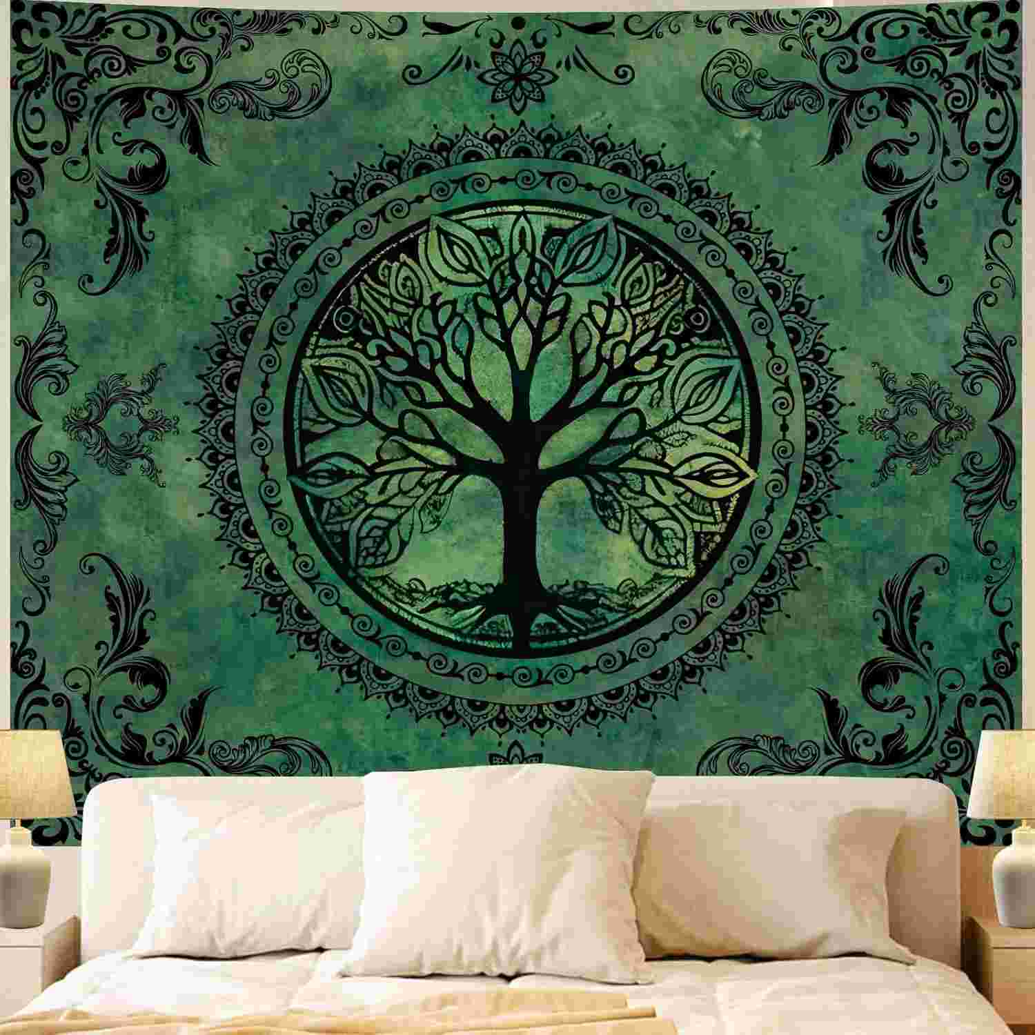 Tapeçaria Árvore da Vida Verde - Decoração Boho Mandala para Quarto e Sala
